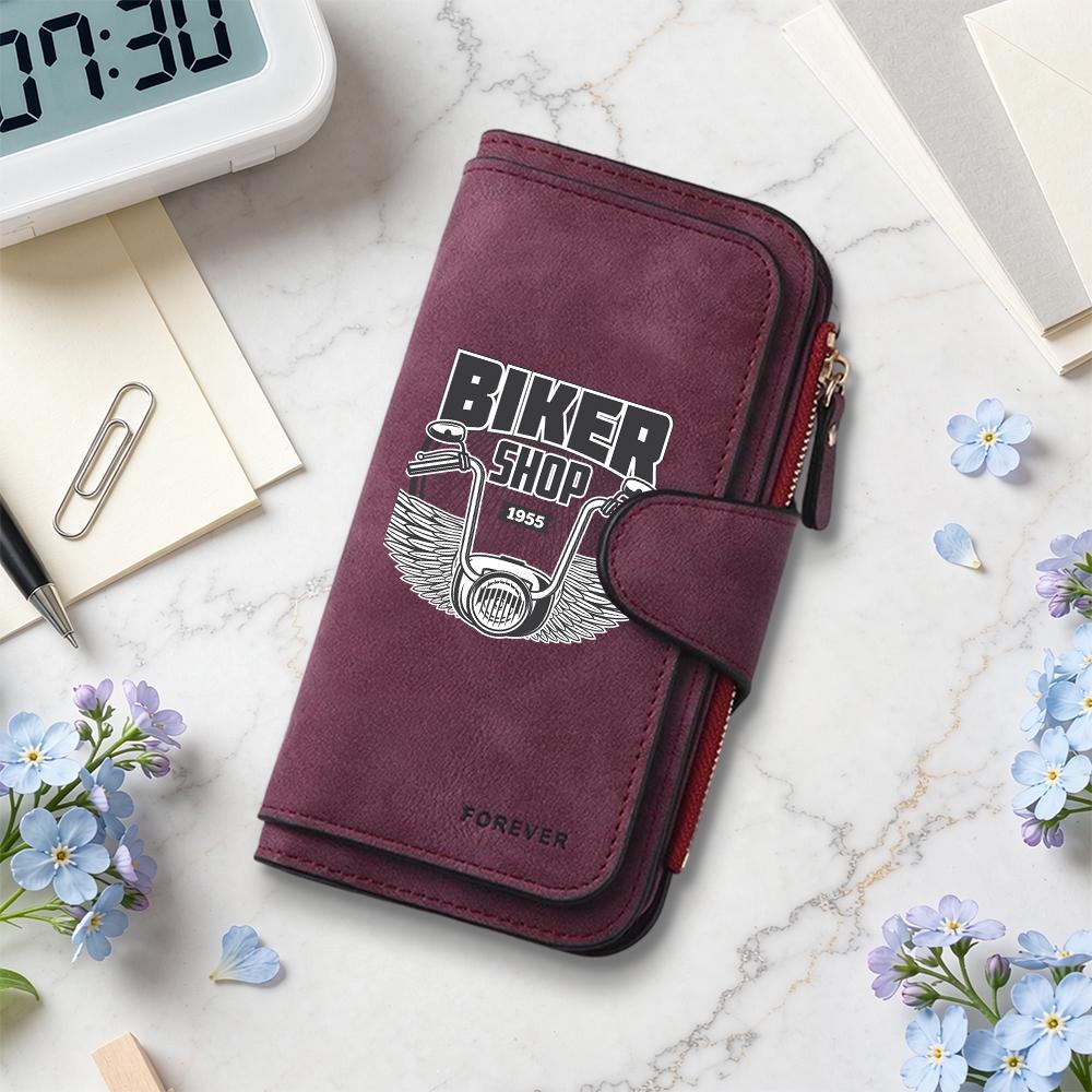 Vintage Biker Print Long Wallet Multi Slot Card Holder Portable Fashion Purse