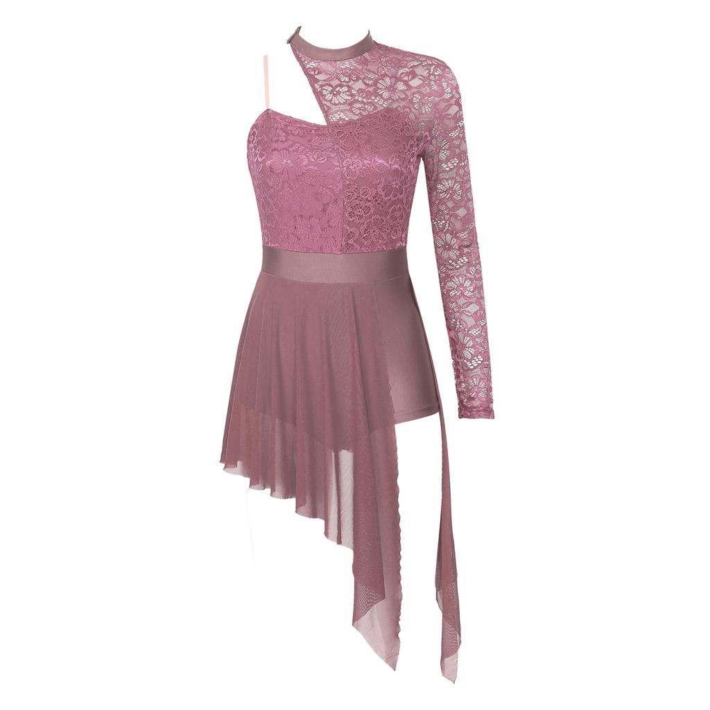 Womens Lace Patchwork One Shoulder Leotard Dress Split See Through Mesh Asymmetric Hem Dance Dress