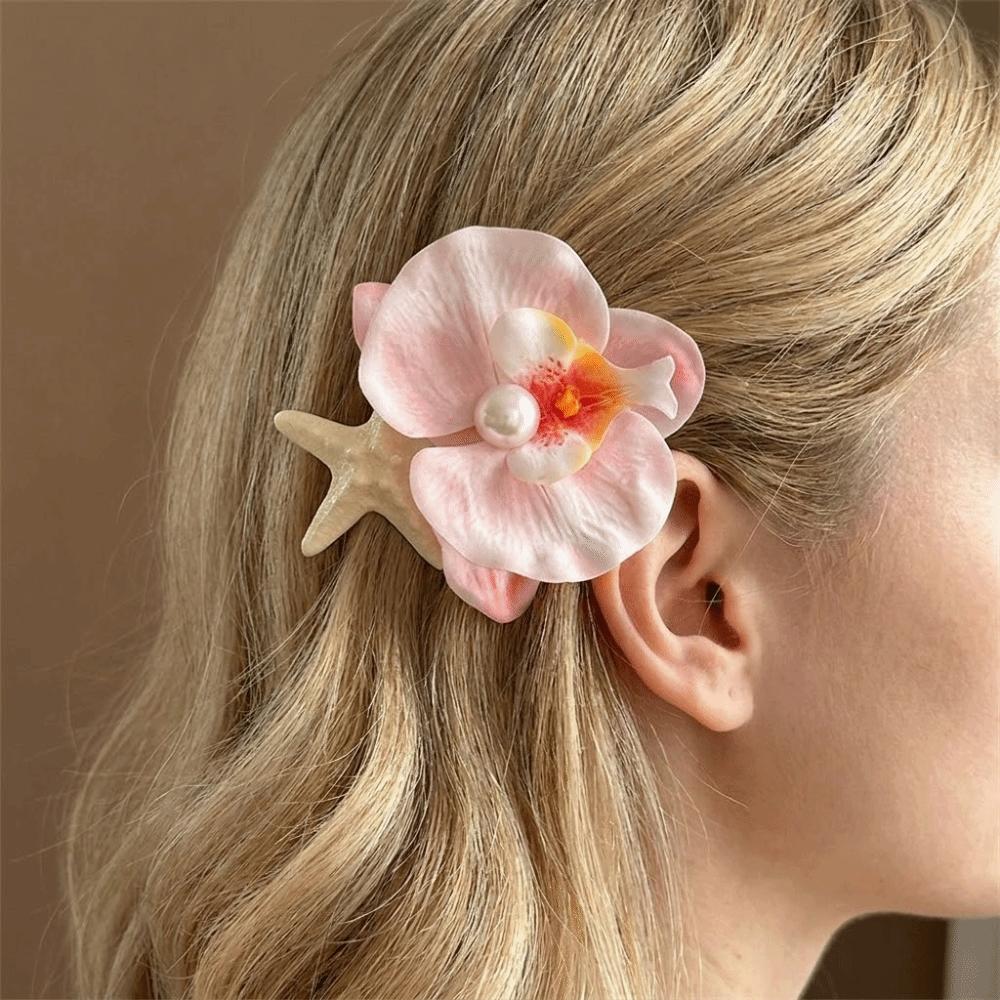 Trendy Orchid Flower Hairpin Vintage Resin Starfish Hair Clip Pearl Hair Clip Seaside Wear