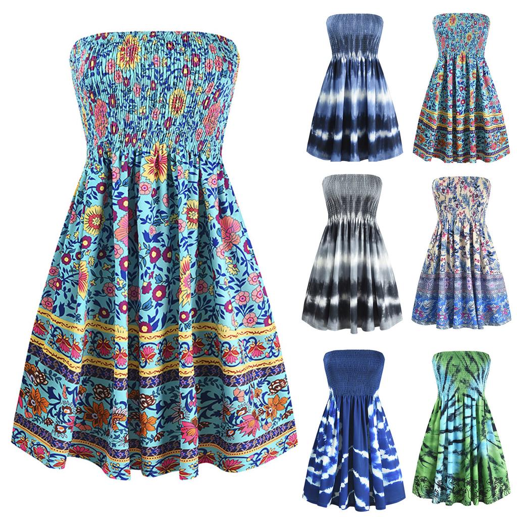 Damen Sexy Modedruck ärmelloses, trägerloses, knielanges Party-A-Linien-Kleid