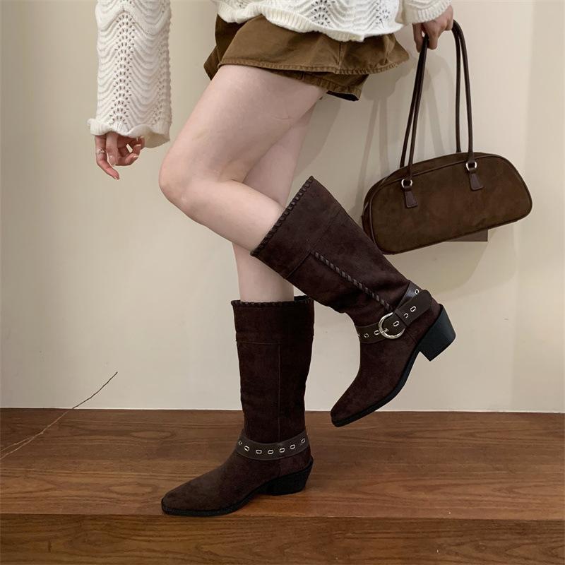 Retro two-wear knight boots 2025 autumn and winter new pointed braided belt buckle thick heel flanged boots women