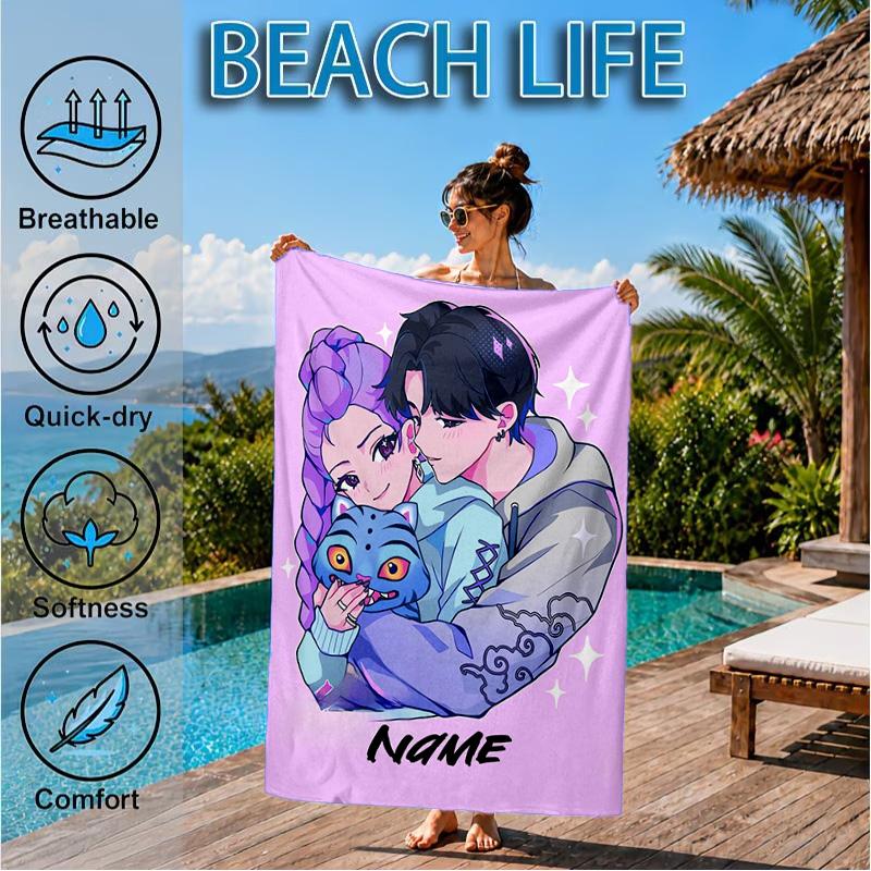 Custom Name KPop Cartoon Beach Towel Microfiber Beach Towel, Lightweight and Quick-Dry, for Summer Travel, Swimming Pool Gift