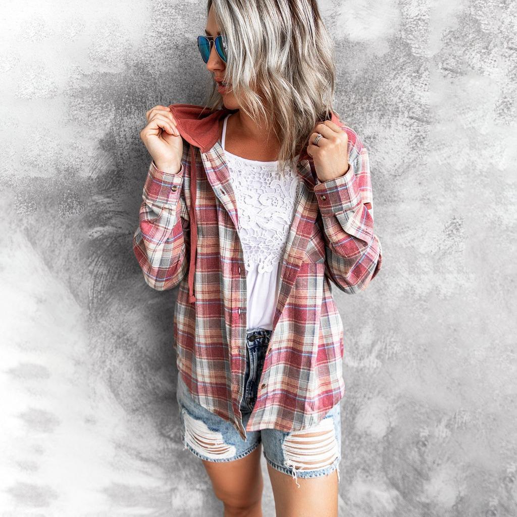 Autumn Women's Hooded Buttoned Casual Shirt Jacket