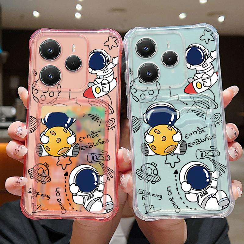 Astronaut Printed Card Slot Clear Phone Case For Xiaomi 14T 13T Pro Poco F6 Pro X6 C65 Redmi Note 13 Pro 12 11 Soft Silicone Shockproof Bumper Cover