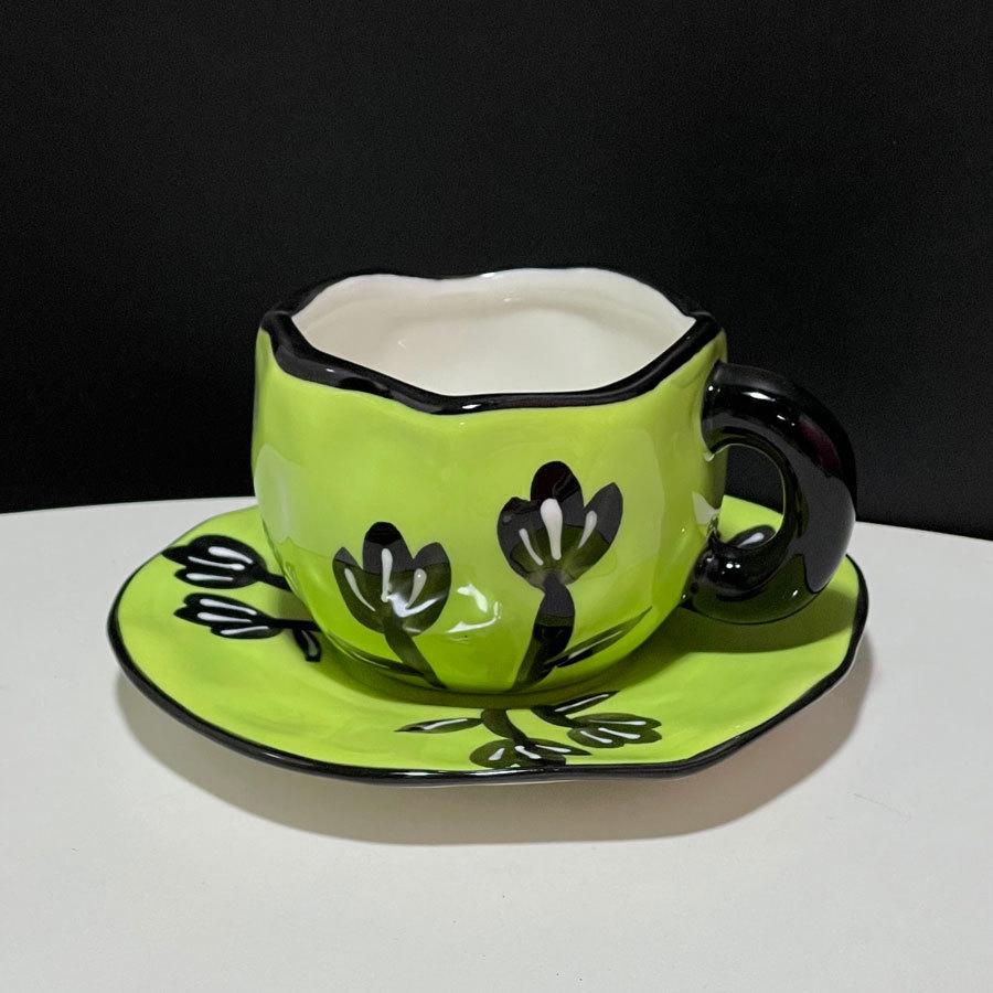 High-Value Hand-Pinched Irregular Underglaze Color Hand-Painted Flower Love Ceramic Coffee Cup Saucer Exquisite Afternoon Tea Cup Saucer