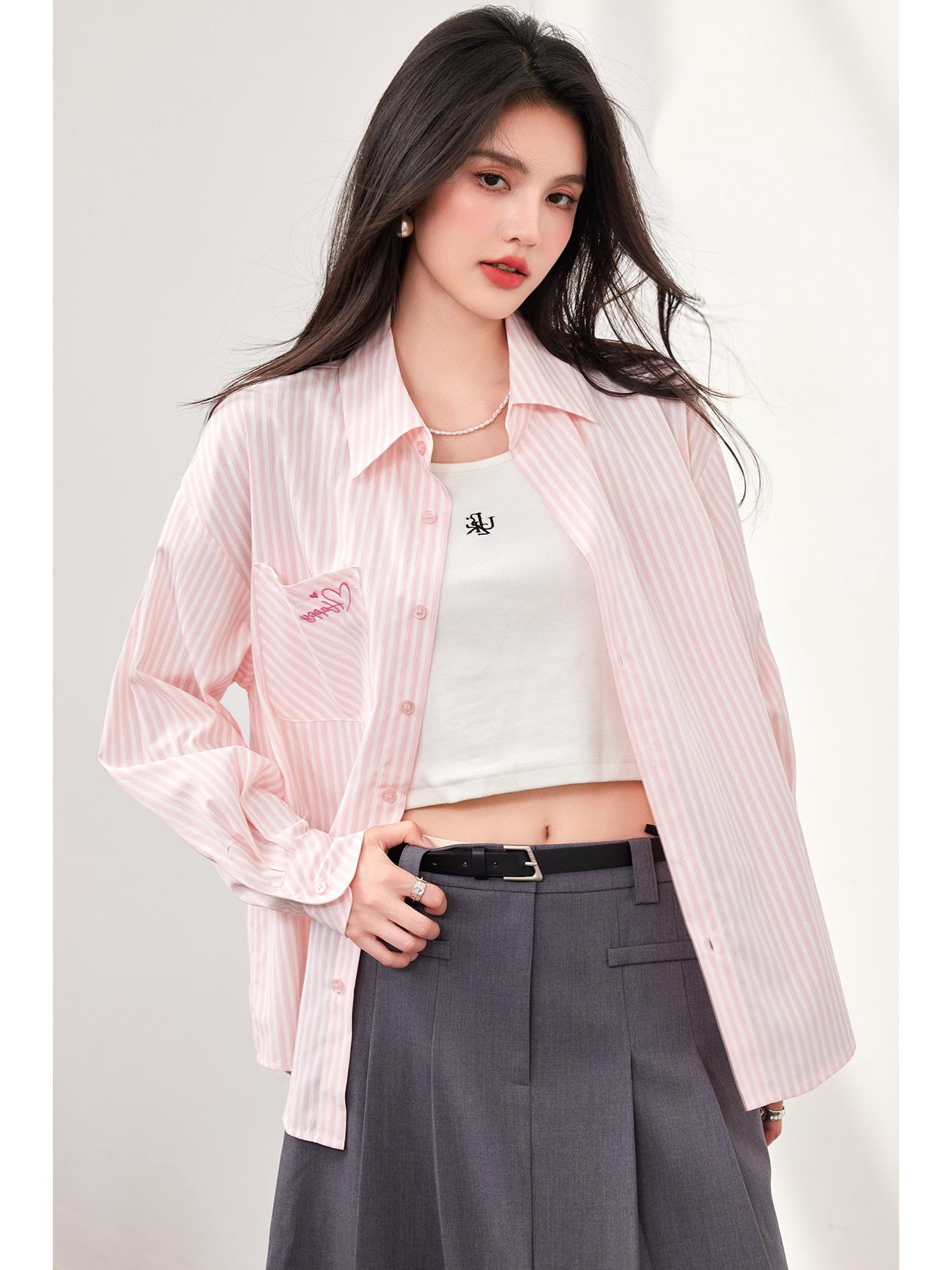 

Women s Pink Striped Lapel Long Sleeve Shirt - New Slim Design S