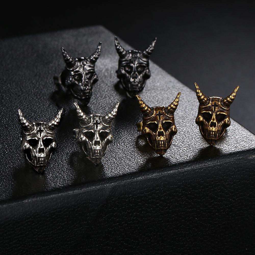 Gothic Punk Skull Stud Earrings For Men Women Nordic Retro Demon Satan Ram Skeleton Retro Viking Earrings Jewelry Gifts OHE186