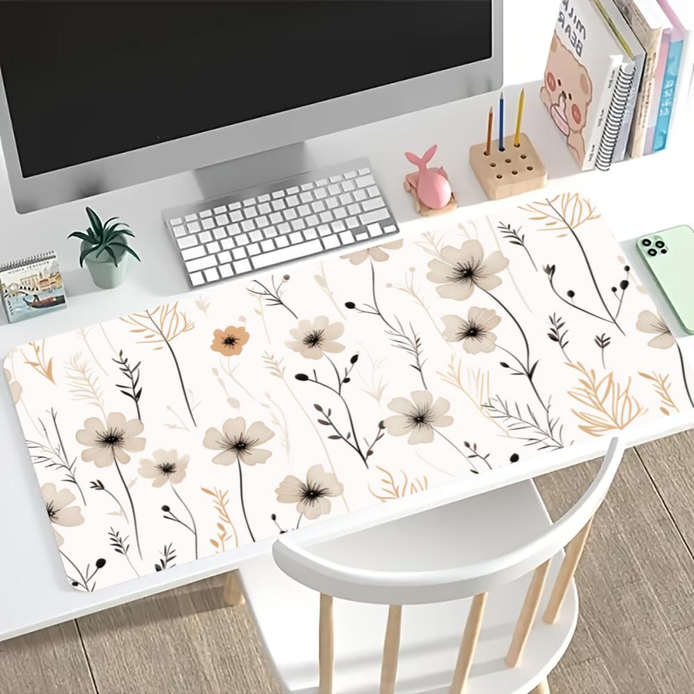 Botanical Line Art Floral Extended Gaming Mouse Pad Non Slip Desk Surface Minimal Vintage Sketch Flower Art Print For Gaming