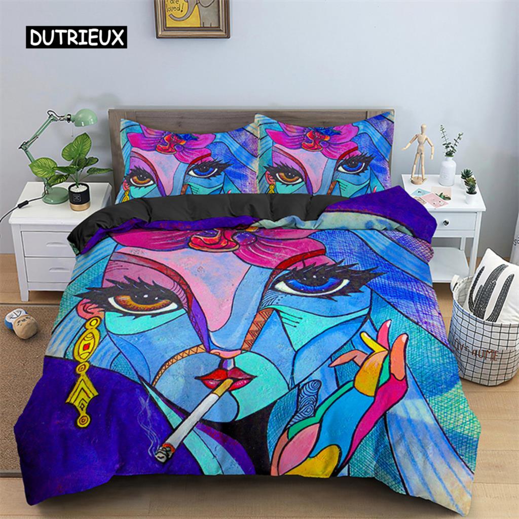 Abstrakte menschliche Gesichter Bettbezug Twin Full King Double Mikrofaser Mystische Kunstwerk Bettbezug Psychedelische Graffiti Bettwäscheset