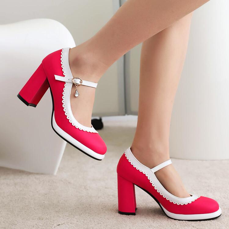 FOREADA Women Pumps Thick Super High Heels Round Toe Mary Janes Crystal Party Sexy Spring Autumn Shoes Rose-carmine Red Blue