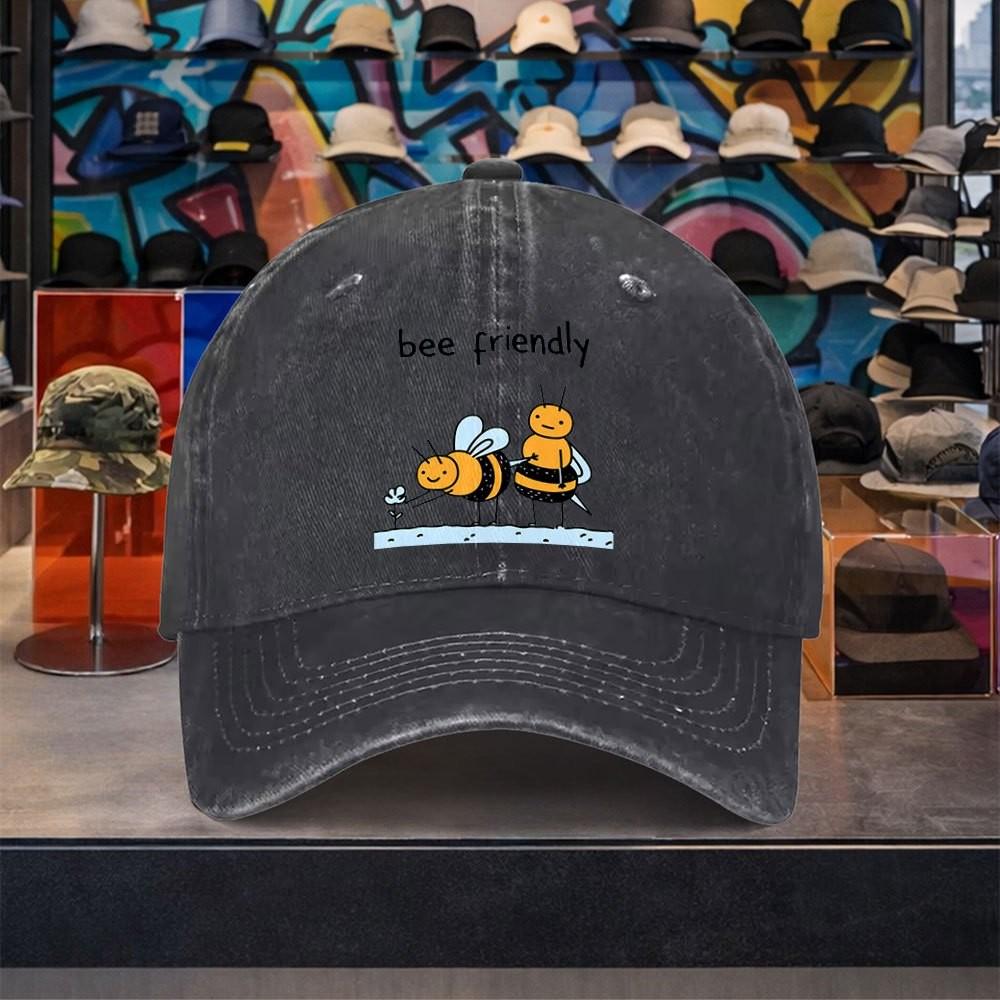 Bee Friendly Cartoon Baseball Cap Washed Cotton Adjustable Casual Vintage Sun Hat for Unisex Outdoor