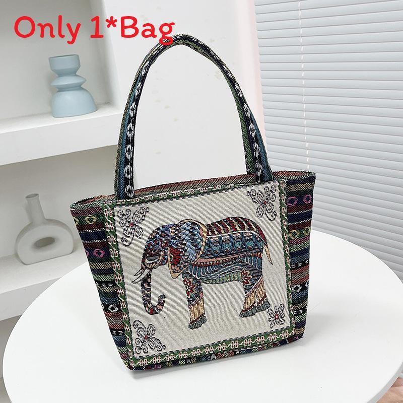 Elephant Embroidered Canvas Handbag With Dual Handles For Casual Daily Use