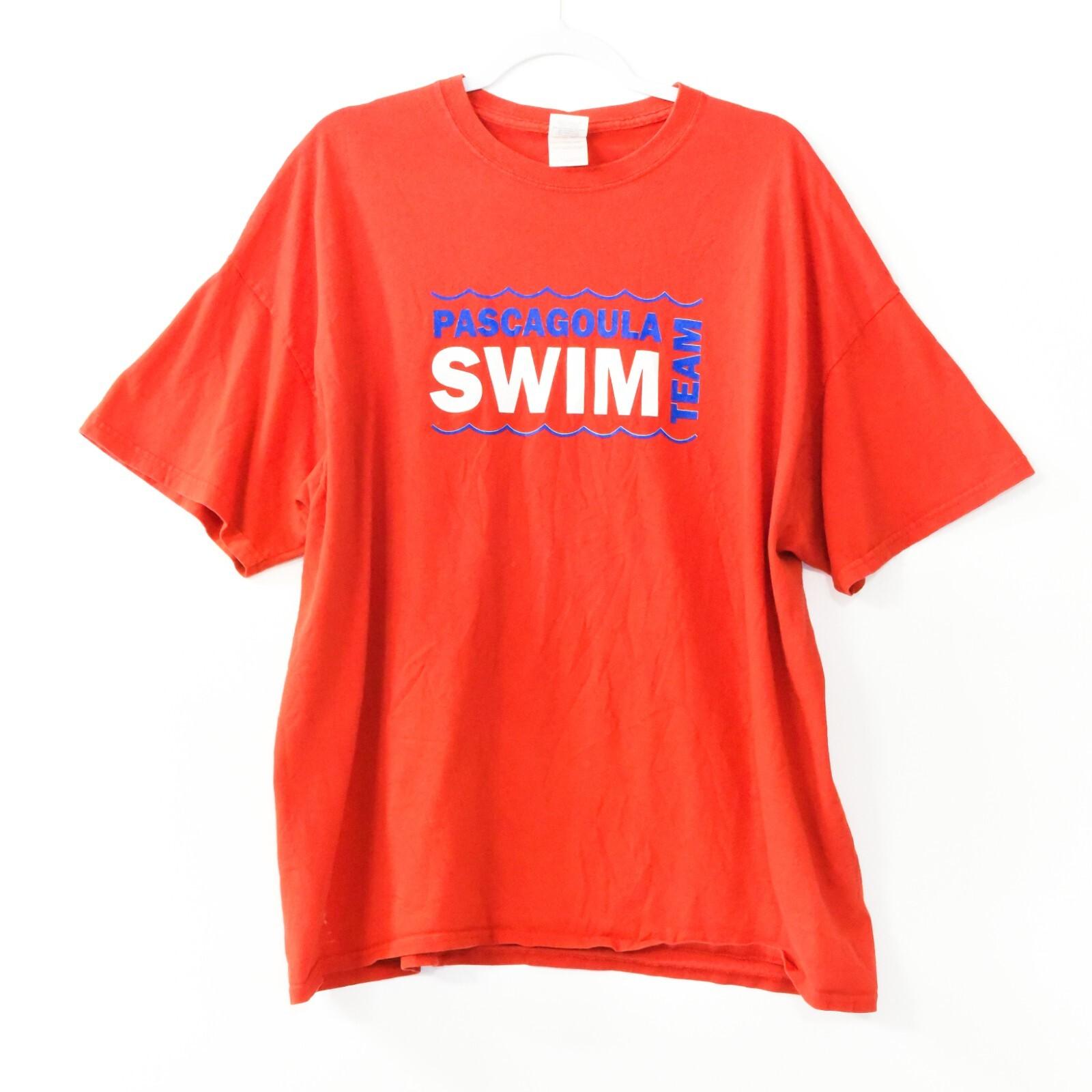 Gildan Mens Orange Cotton T-Shirt Graphic PASCAGOULA Swim Team Short Sleeve 2XL S