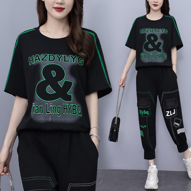 Plus Size Women's Summer Fashion Suit Stitching Denim Short-sleeved Printing Loose Korean Version   Women's Clothing