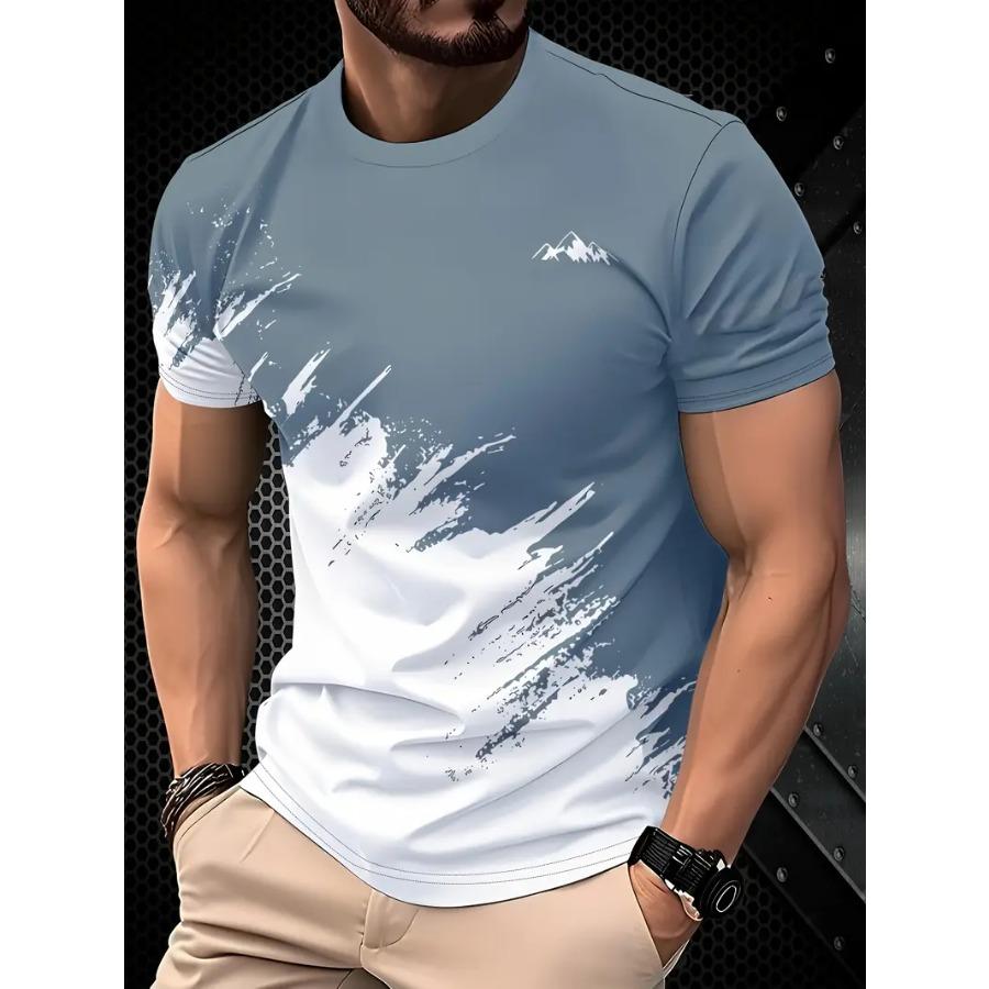 Men'S Casual Short Sleeve T-Shirt - Light Blue Mountain Graphic Tee, Regular Fit, Round Neck, Summer Essential for Casual Attire, Outdoor Leisurewear