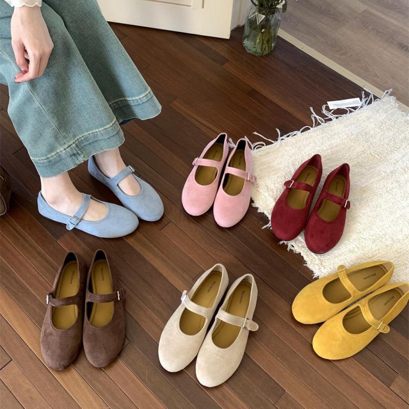 Round head light mouth shoes suede ballet single shoes early spring buckle belt Mary Jane flats ladyshoes