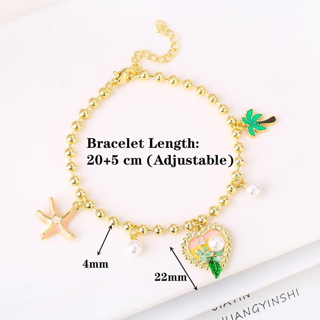 Gold-Plated Starfish Coconut Tree Flower Copper Bead Chain Bracelet Fashion for Women Girls Party Vacation Beach Jewelry Gift