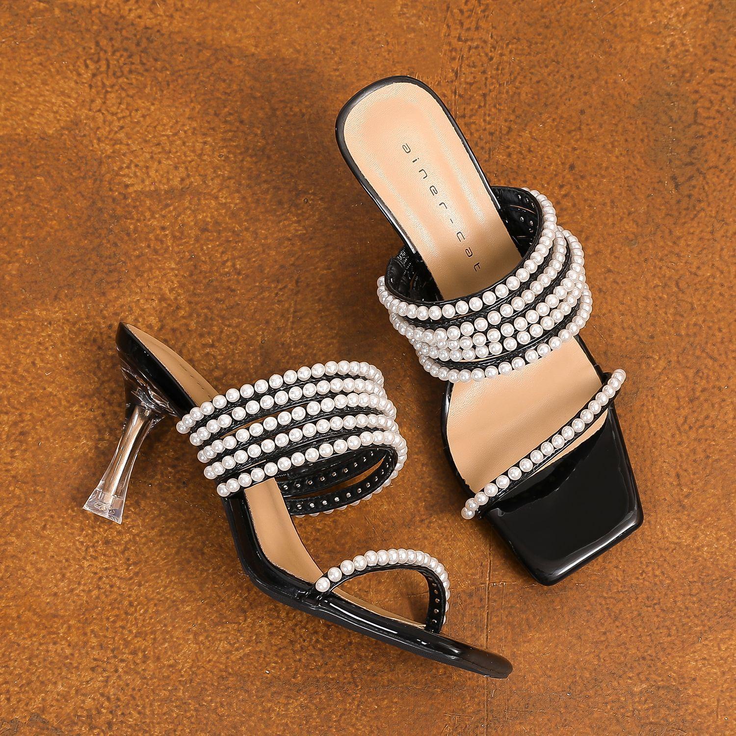 

70206 [sheepskin] high-heeled slippers women s thin heels summer 2025 new square head pearl one-word sandals 34