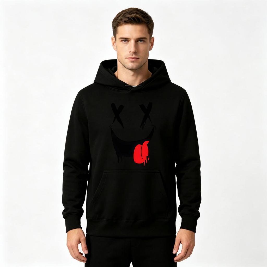 Men's Graphic Print Pullover Hoodie, Funny X Eyes Dripping Smile Pattern Casual Long Sleeve Sweatshirt