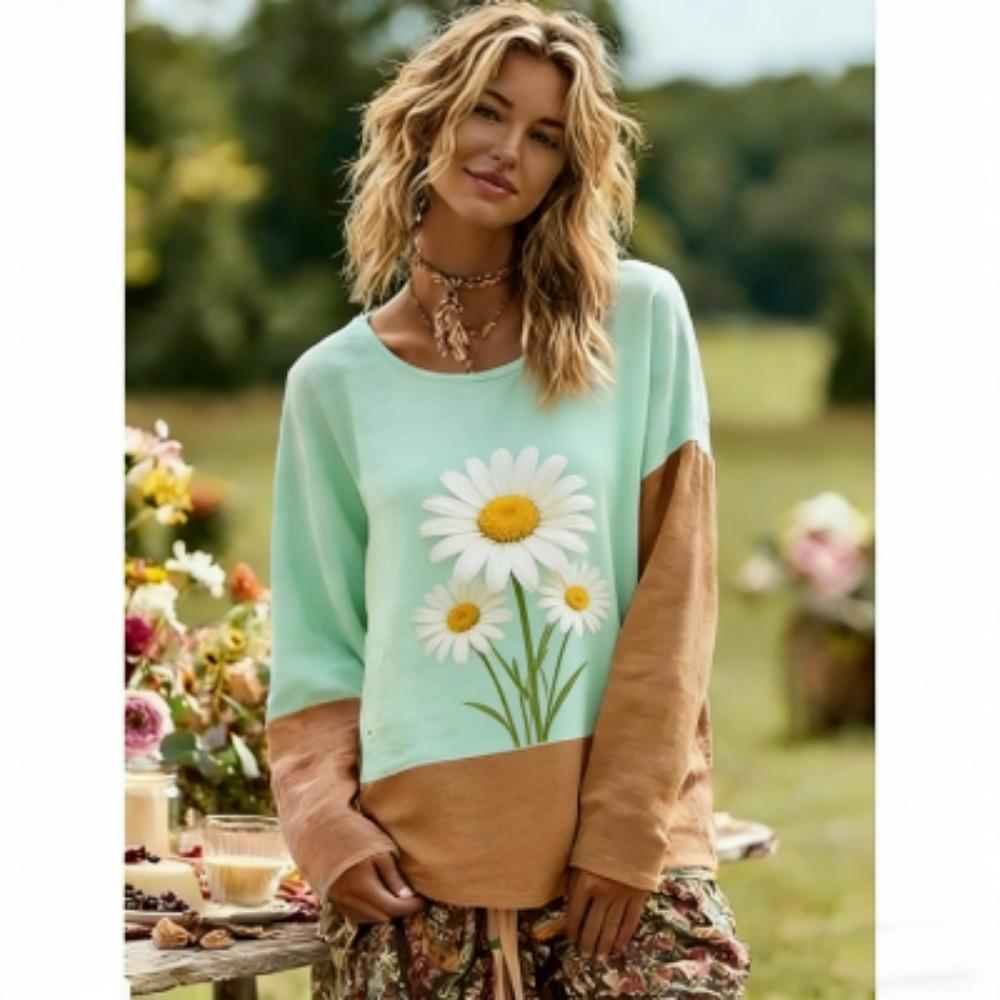 Stile Europa America Stampa Floreale T-shirt da Donna Top Moda Street Donna Manica Lunga Abbigliamento Outdoor Casual Maglietta Felpa