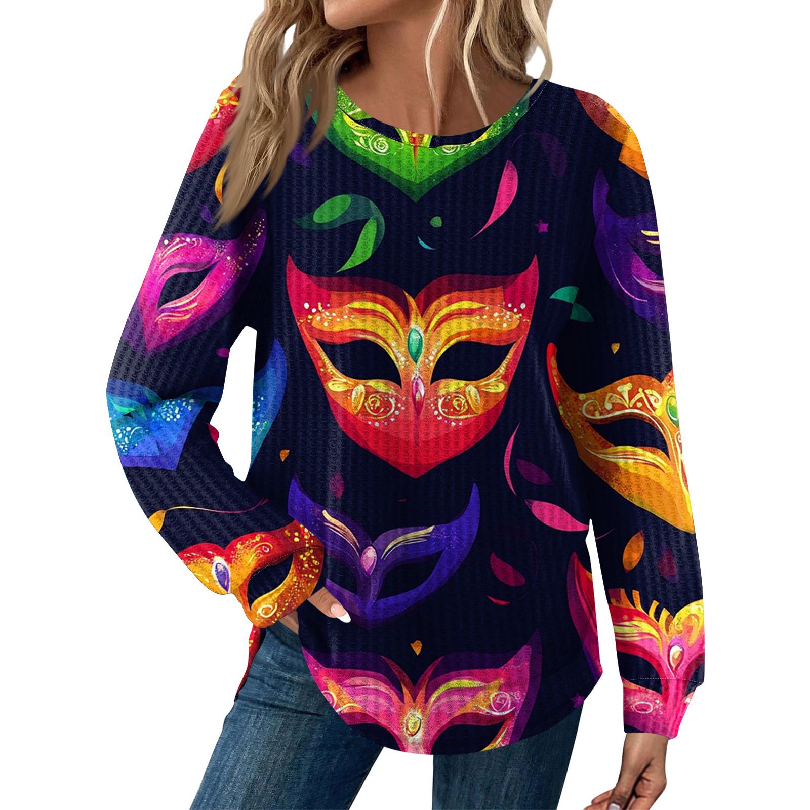 

Women s Fashion Loose Long Sleeve Carnival Print Round Neck Casual Top XL чорний