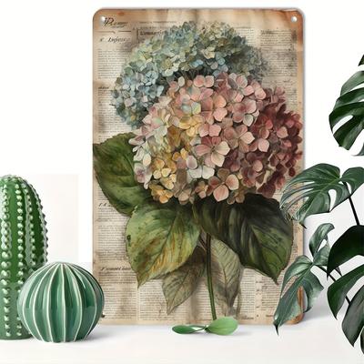 Vintage plechová cedule s hortenziemi - Retro květinová dekorace do domácnosti a baru, 20,32x30,48 cm, Víceúčelové nástěnné umění s živými barvami,
