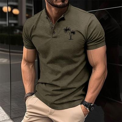 Herren T-Shirt mit Kokospalmen-Print Knopfleiste Henry Sport-Poloshirts Sommeroberteile