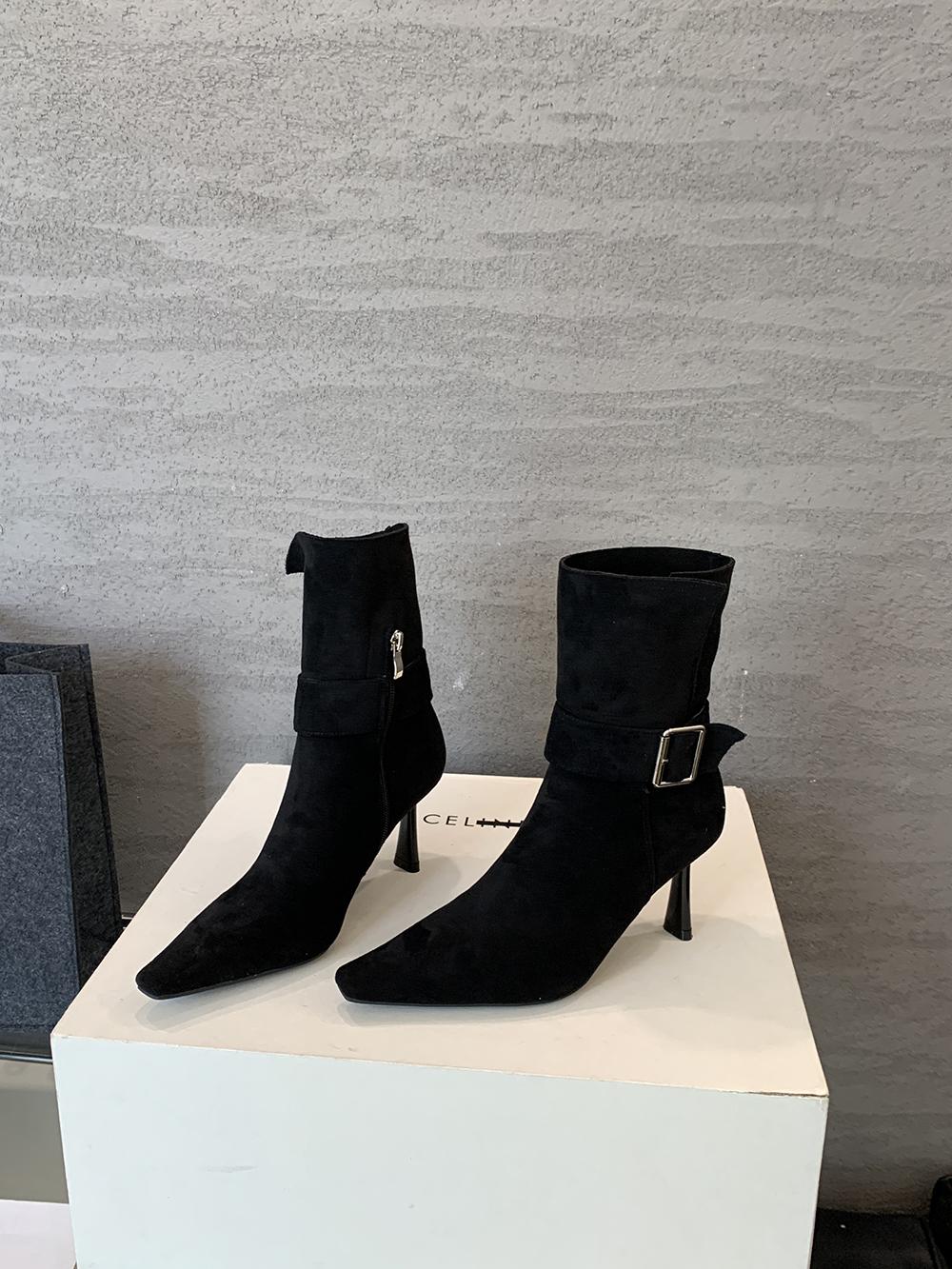 

fashion Pointed Toe Women Ankle Boots Chelsea Boots Woman Thin High Heels Shallow Slip On Belt Buckle Autumn Fashion Ladies Pumps 35-39 245 чорний