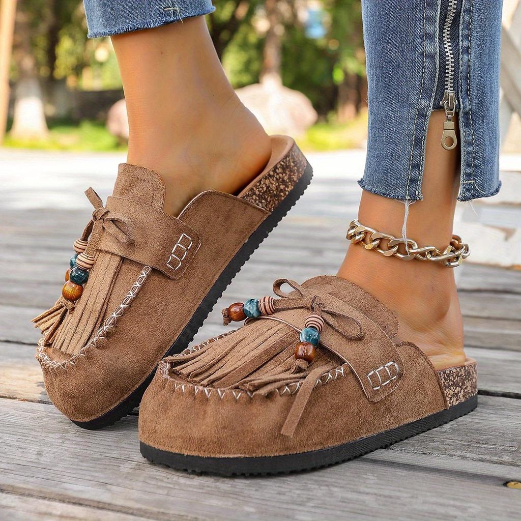 Women's Vintage Tassel Birkenstock Slides - Round Toe Slip-On Mules with Thick Soft Sole for Summer