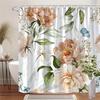 1Pc Peony And Green Leaves Pattern Shower Curtain, Machine Washable Polyester With Hooks, Suitable For Bathroom Decoration