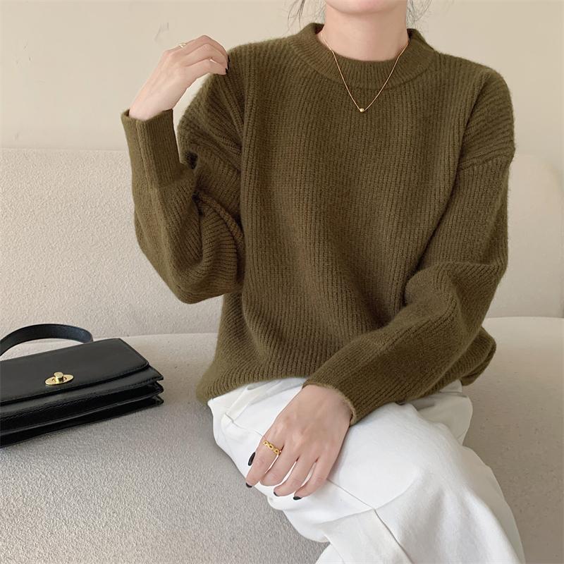 Hirsionsan Pulover tricotat cu mânecă lungă, ocazional, cu bază solidă, moale, pentru femei, cu gâtul în formă de O, pulover elegant, la modă, toamnă iarnă