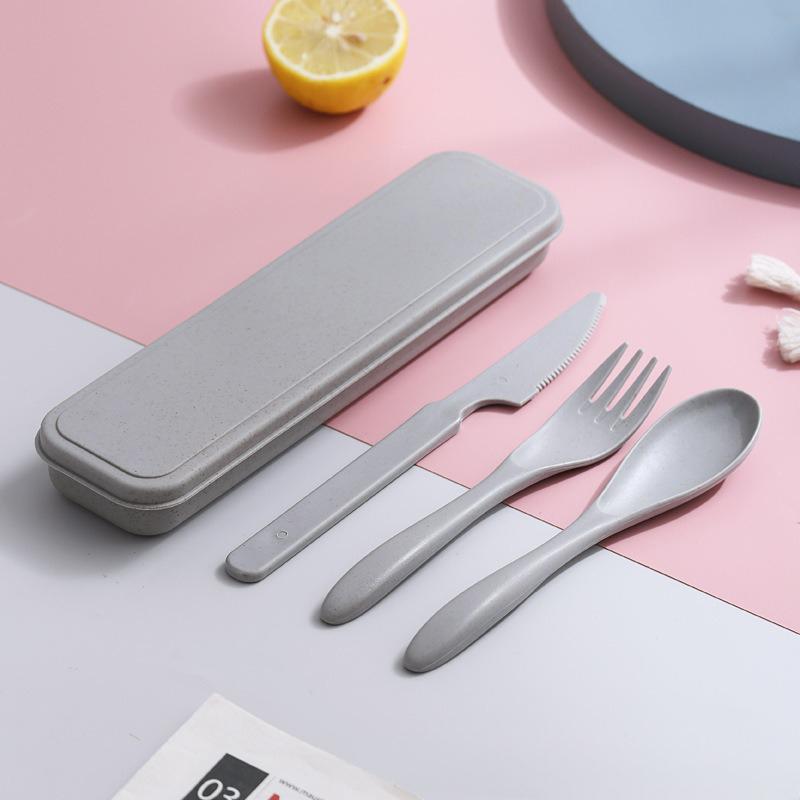 3In1 Wheat Straw Dinnerware Set Portable Reusable Cutlery Sets Knife Fork Spoon Chopsticks Travel Utensil Box Camping Tableware