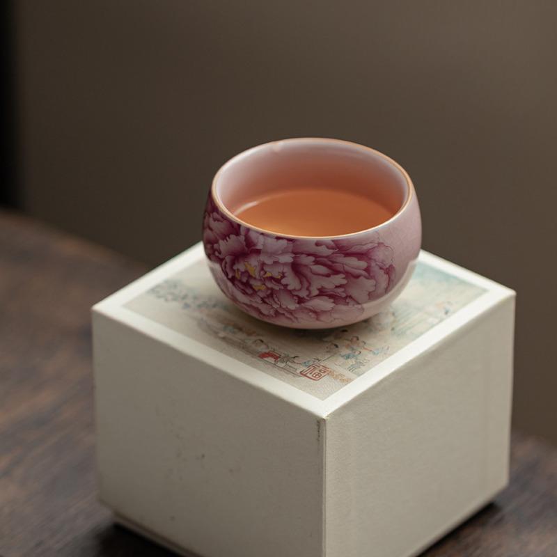 80ML Antikrosa Pfingstrose Ru-Ofen Teetasse Antike Teeschale Set Tassen Persönliche Tasse Jianzhan Blütentee Haushaltsgeschirr