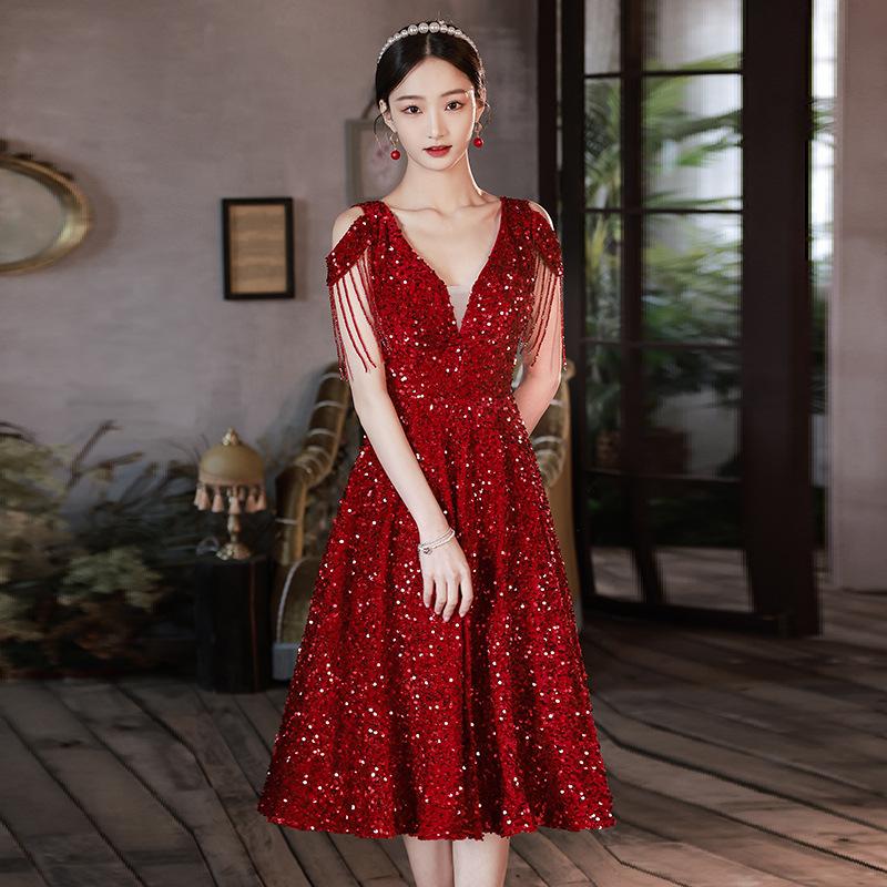 Burgundy Bridal Toast Women's 1011 New Summer Wedding Engagement Sequins Dignified Atmospheric Evening Dress Dress Large Size