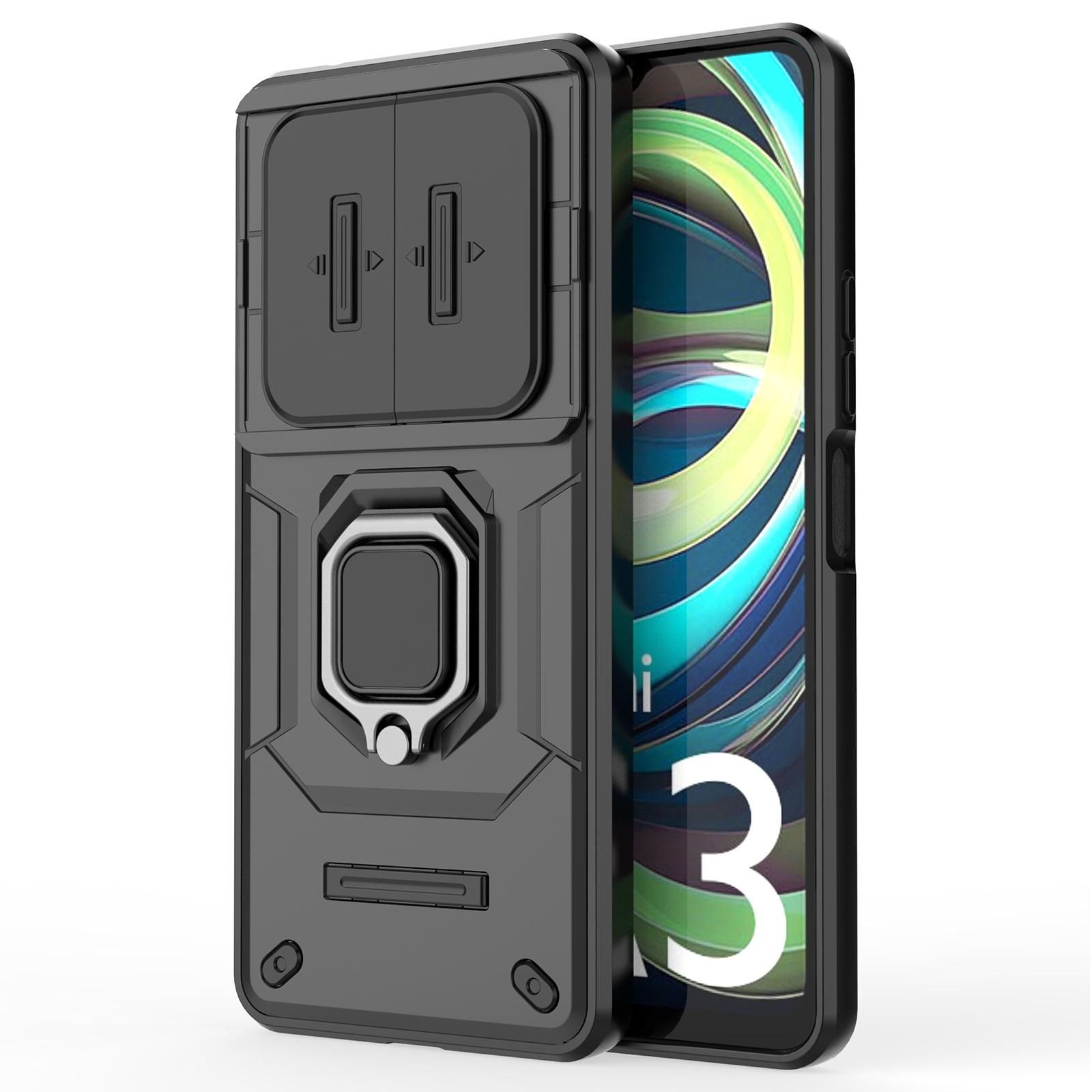 

For Xiaomi Redmi A3 4G/Poco C61 4G Case with Slide Camera Cover Ring Kickstand PC+TPU Phone Shell Protector Grey