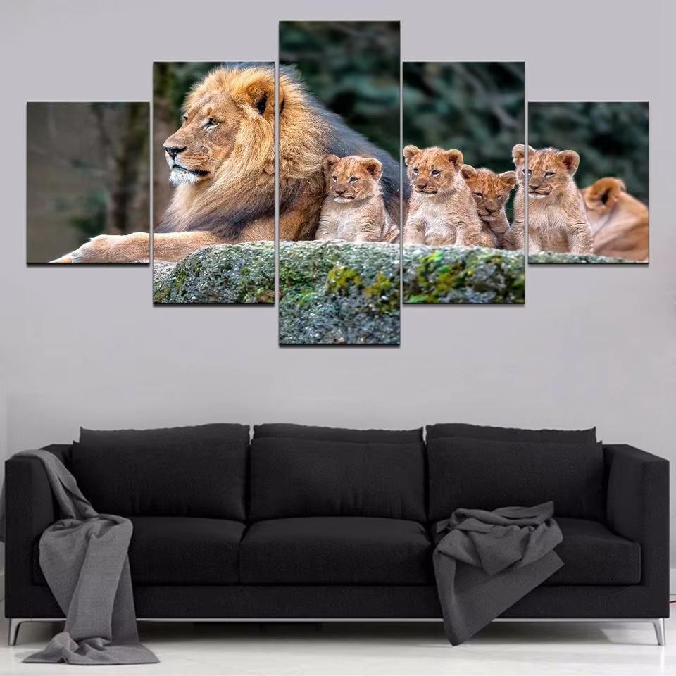 5pcs Canvas Painting Modular Wall Art Animals Lion Family Pictures HD Printed Poster Decor For Home Living Room Modern Unfrmaed