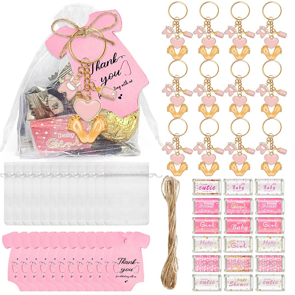 6/20Pcs Baby Foot Keychains Metal Keychain Set with Wrapping Sticker Drawstring Bag and Thank You Label For Baby Showers
