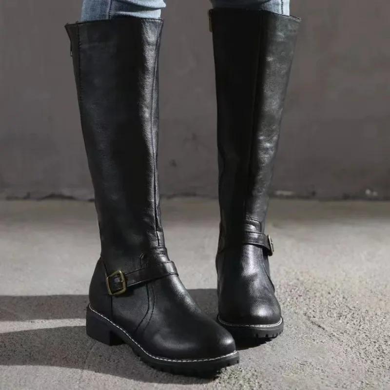 Winter Women's Riding Boots Round Toe Chunky Heel High Boots Women's Buckle Platform Shoes Botas