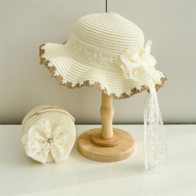 

Kids Baby Girls Sun Hat And Straw Beach Bag Set with Elegant Lace Bowknot Trim Wide Brim for Vacation Beach Toddlers 2pcs kids(52-54cm)