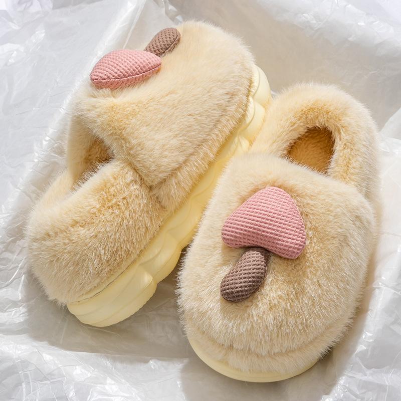 Cute Mushroom Cotton Slippers Women's Winter Bag Heel Warm Home Home Non-slip Couple Plush Thick-soled Fluffy Shoes Women