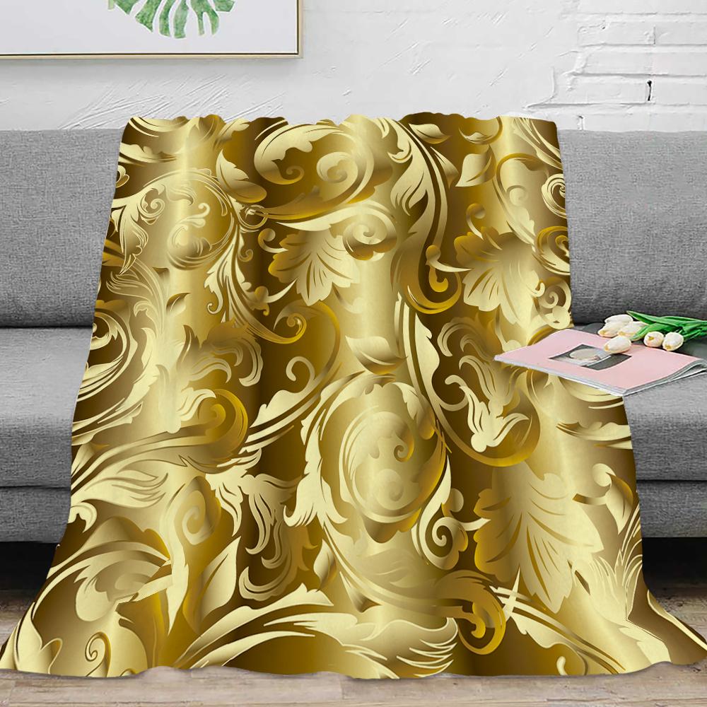 Couverture Plaid en Flanelle Luxe Noir Or Clé Grecque Méandre Baroque Douce Peluche Moelleuse Chaude Décoration Maison Couette Linge de Lit Cadeau