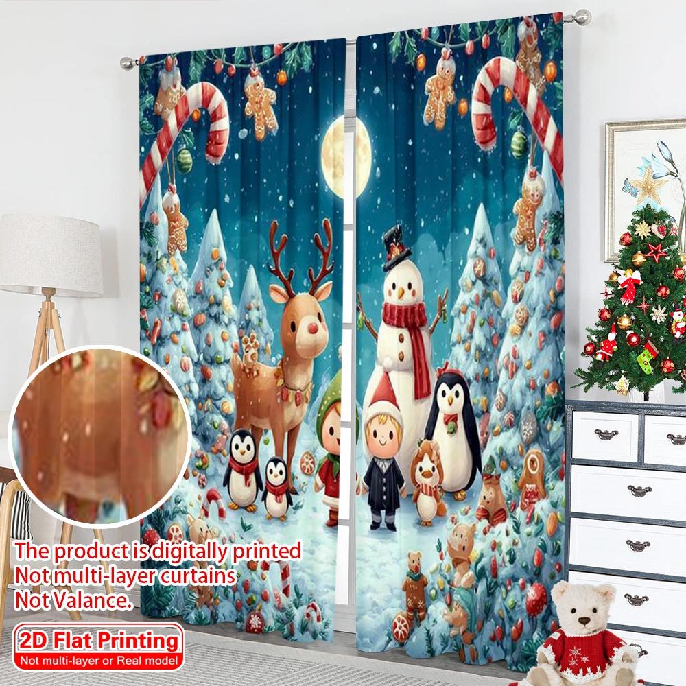 2pcs 2D flat printing Merry Christmas Party Curtains Christmas11 Machine Washable Polyester Without Electricity Festive Wall
