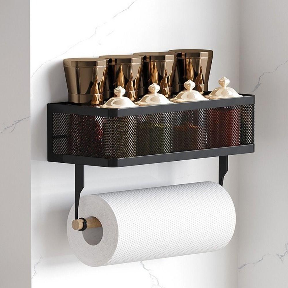 Wall Mounted Spice Storage Rack Strong Load-bearing Space Saving Cling Film Storage Rack with Paper Towel Holder Large Capacity