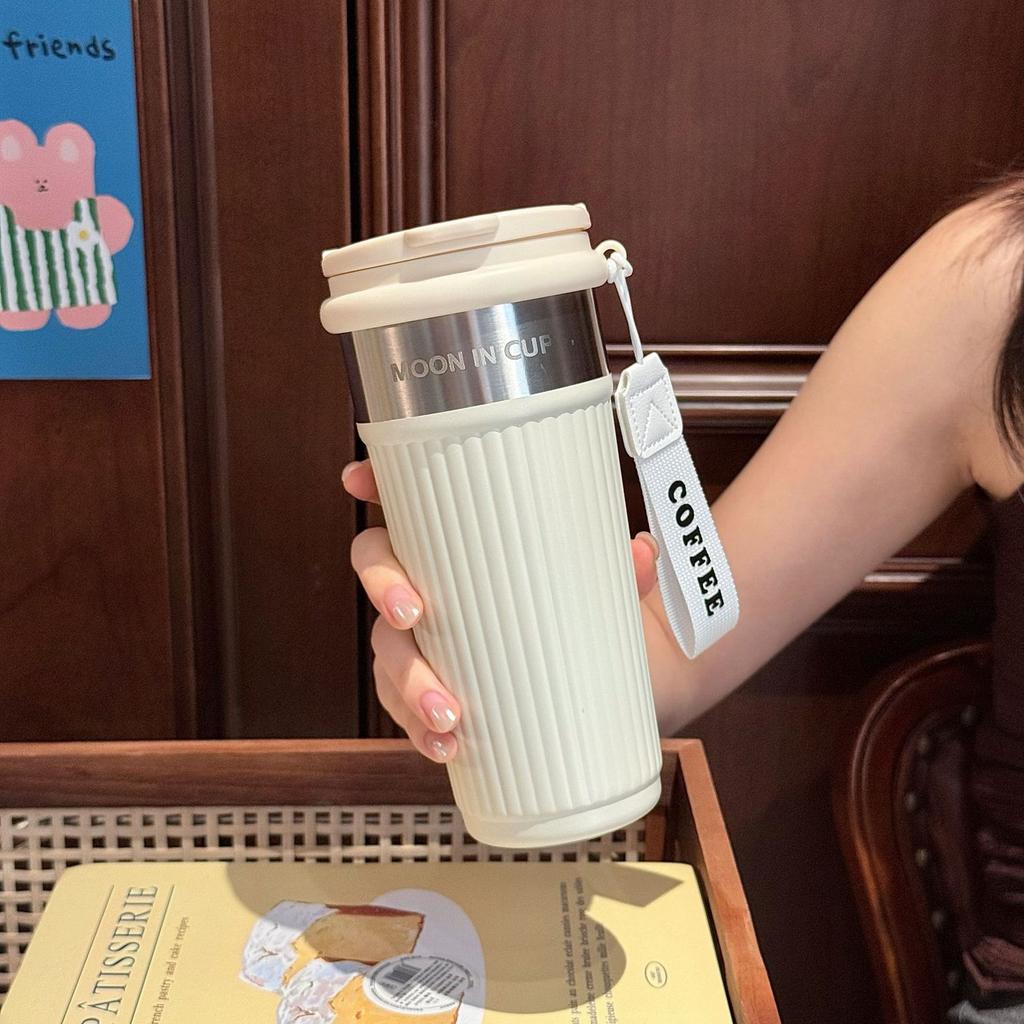 Striped Coffee Thermos Cup Portable Stainless Steel Coffee Cup Going Out Straw Water Cup Women's New High-value Cup