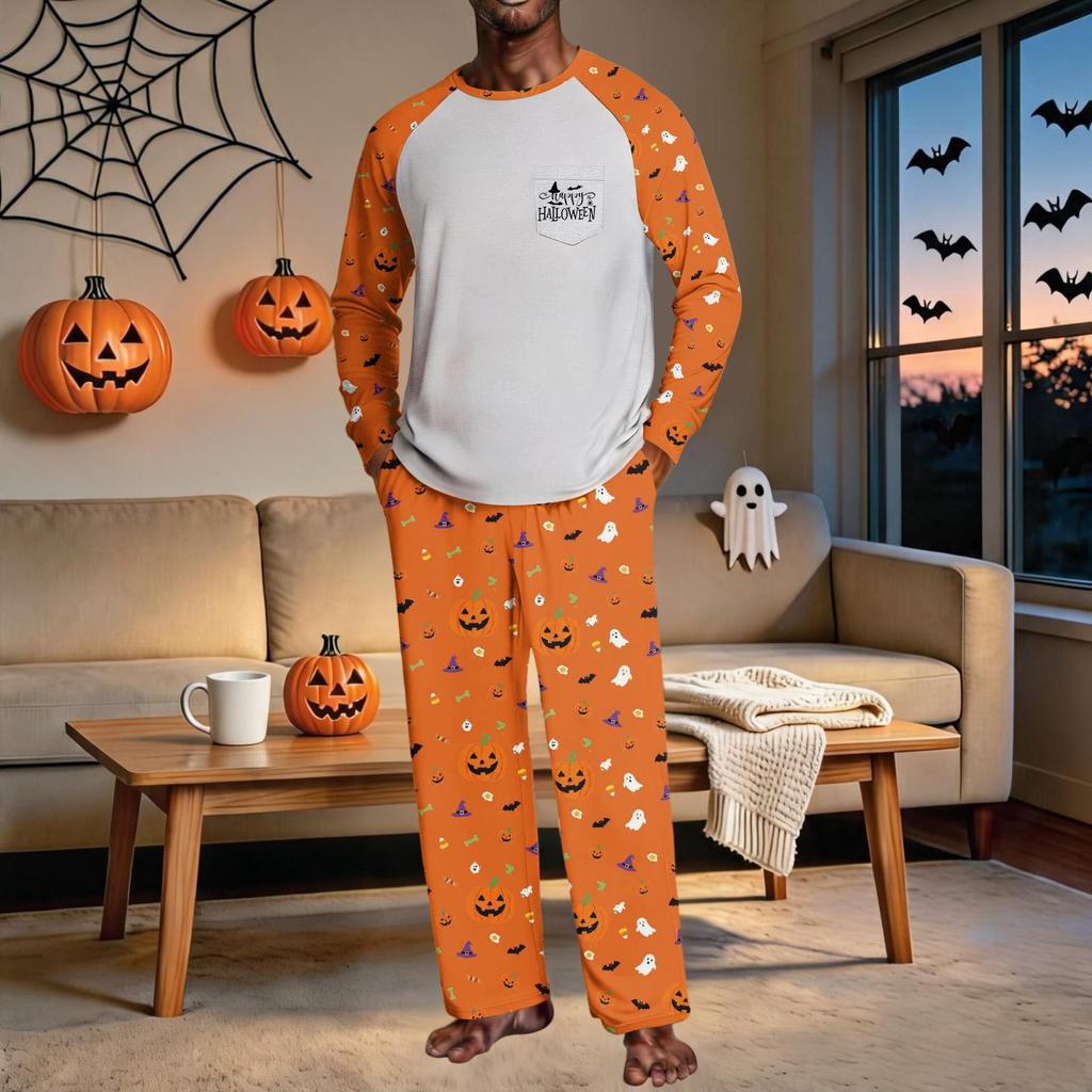 Men's Halloween Pajama Set with Raglan Long Sleeve Top, Pockets and Elastic Waist Pants - Loose Fit 2-Piece Sleepwear