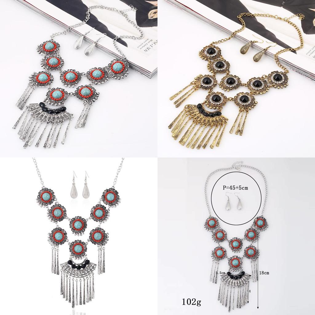 Ethnic Style Simulation Gemstone Decor Women Round Flower Necklace With Tassel For Boho Style Jewelry