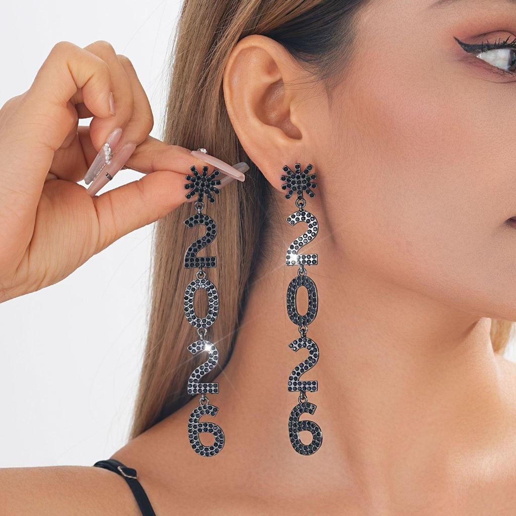 2026 Snowflake Number Dangle Earrings – Diamond-Inlaid, Super Shiny, High-End Feel