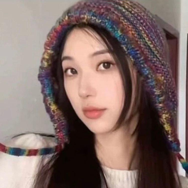 Color wool hat female cute loli pullover strap warm knitted headgear mixed color ear protection hat