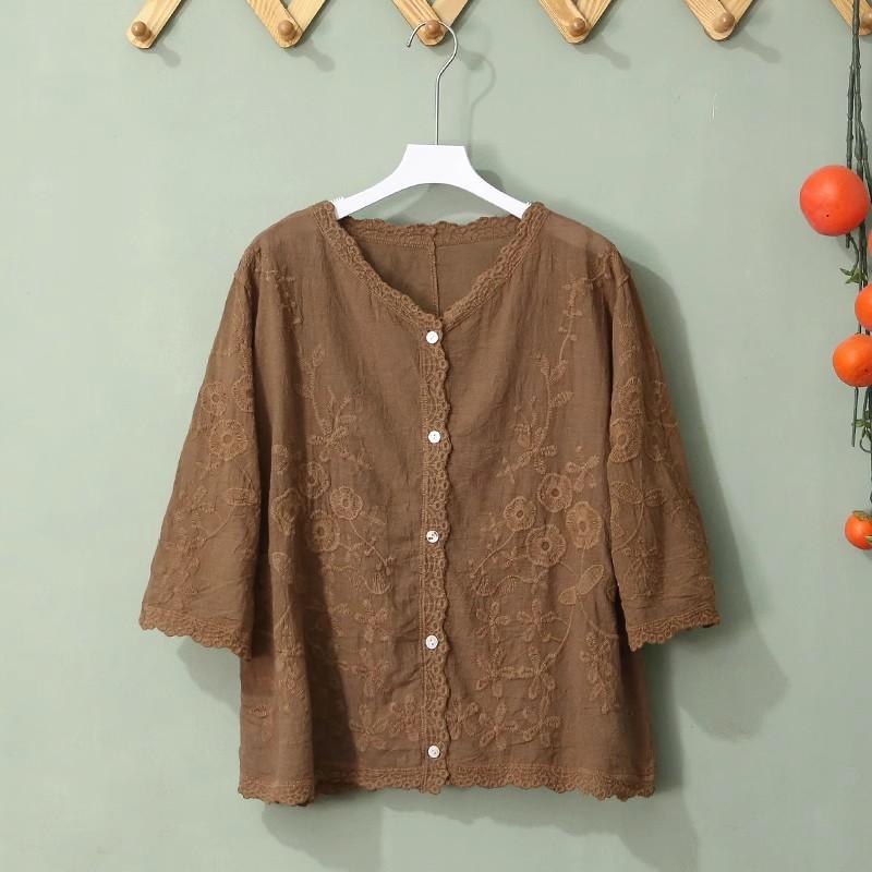 

DIMANAF 2025 Новая летняя рубашка женская кружевная блузка короткие базовые топы футболки повседневные свободные белые футболки One Size коричневый