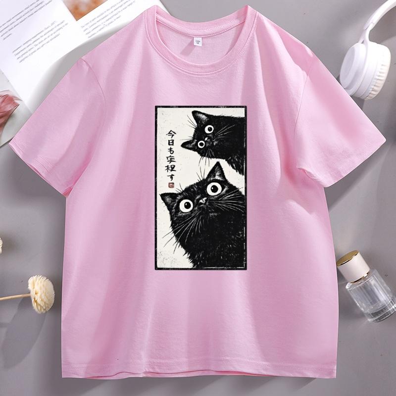 Japanese Cat Graphic TShirts Vintage Tokyo Aesthetic Black Cat Tee Kawaii Streetwear Casual Cotton Short Sleeve Round